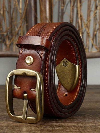Men’s Double-Sided Genuine Cowhide Belt – 3.8CM Wide Thick Leather with Brass Buckle