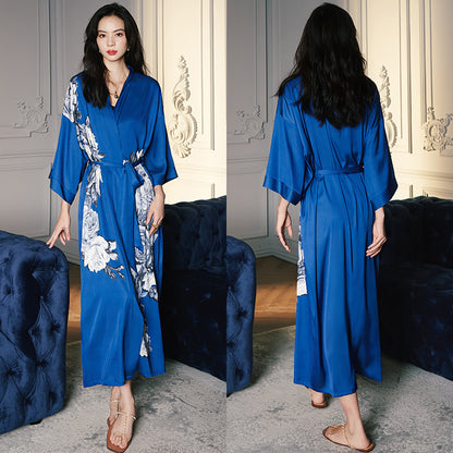Women’s Luxury Silk Dressing Gown – Long Floral Print Elegant Nightwear Robe