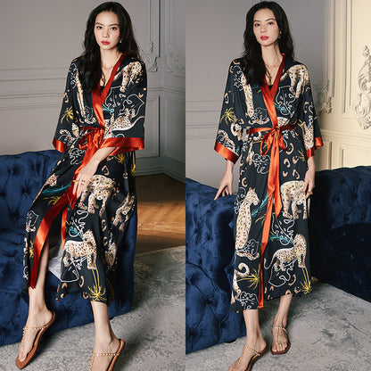 Women’s Luxury Silk Dressing Gown – Long Floral Print Elegant Nightwear Robe