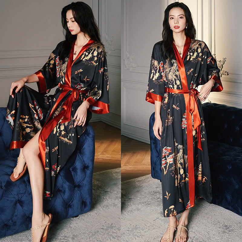 Women’s Luxury Silk Dressing Gown – Long Floral Print Elegant Nightwear Robe