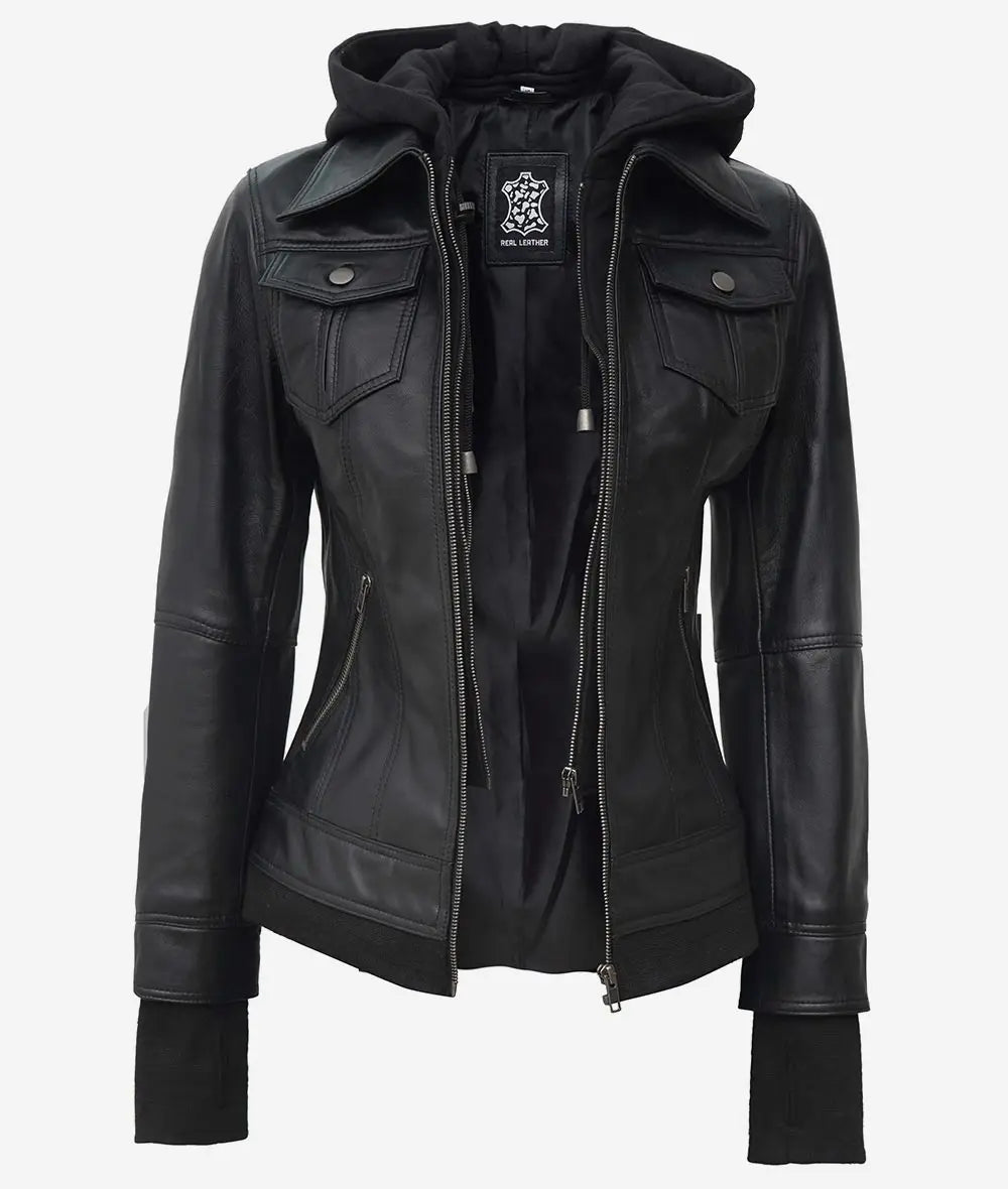 The Céleste – Women’s Black Leather Bomber Jacket with Removable Hood