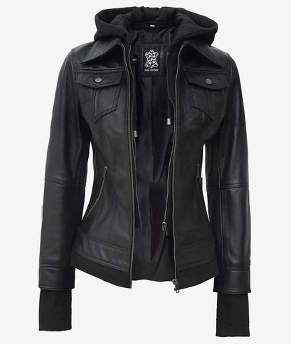 The Céleste – Women’s Black Leather Bomber Jacket with Removable Hood