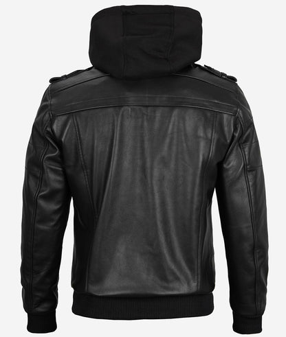 Men’s Black Lambskin Leather Bomber Jacket with Removable Hood