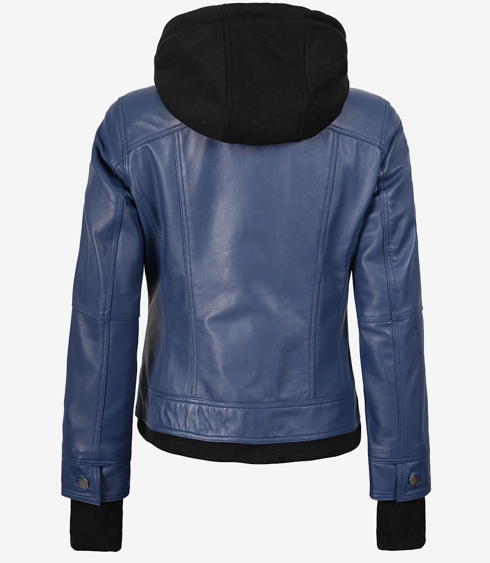 Women’s Blue Lambskin Leather Bomber Jacket with Removable Hood