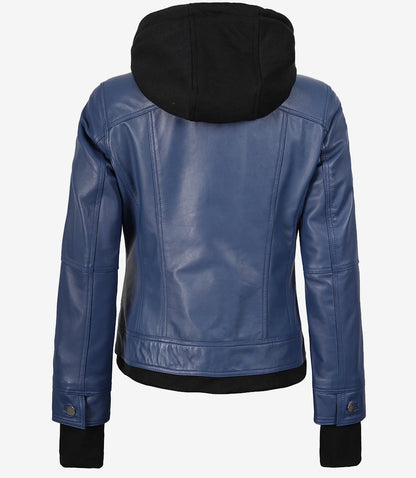 Women’s Blue Lambskin Leather Bomber Jacket with Removable Hood