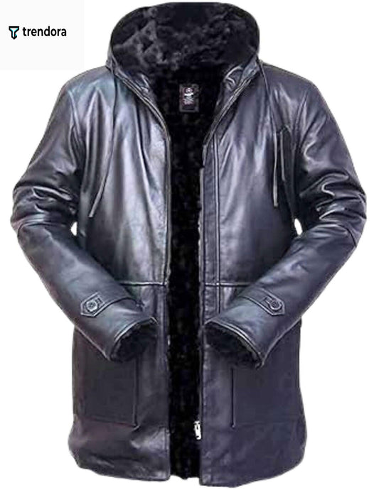 Men’s Hooded Black Sheepskin Leather Jacket – Handmade Four Seasons Wear