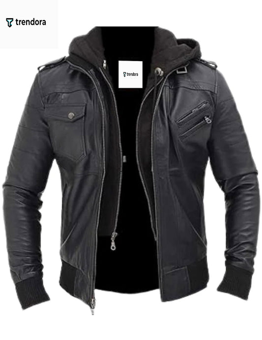 Men’s Vintage Biker Leather Jacket with Removable Hoodie – Lambskin, 3 Colors