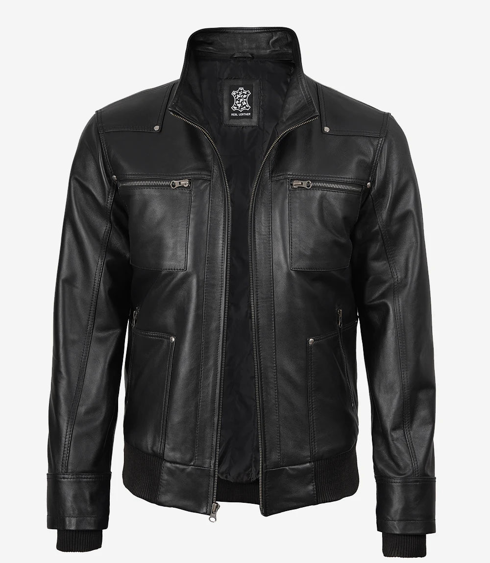 Men's Real Leather Black Bomber Jacket with Removable Hood