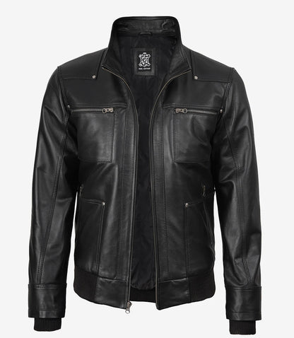 Men's Real Leather Black Bomber Jacket with Removable Hood