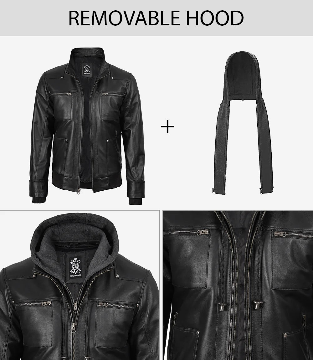 Men's Real Leather Black Bomber Jacket with Removable Hood