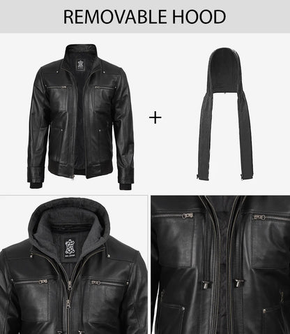 Men's Real Leather Black Bomber Jacket with Removable Hood