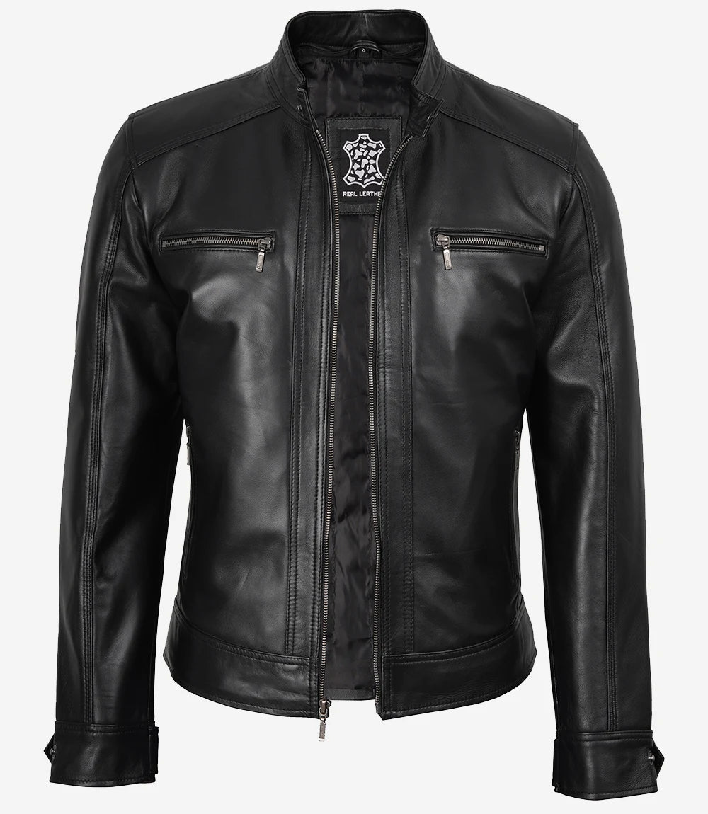 Men's Black Leather Jacket with Removable Hood | Lambskin Bomber