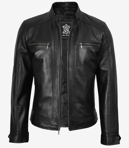 Men's Black Leather Jacket with Removable Hood | Lambskin Bomber