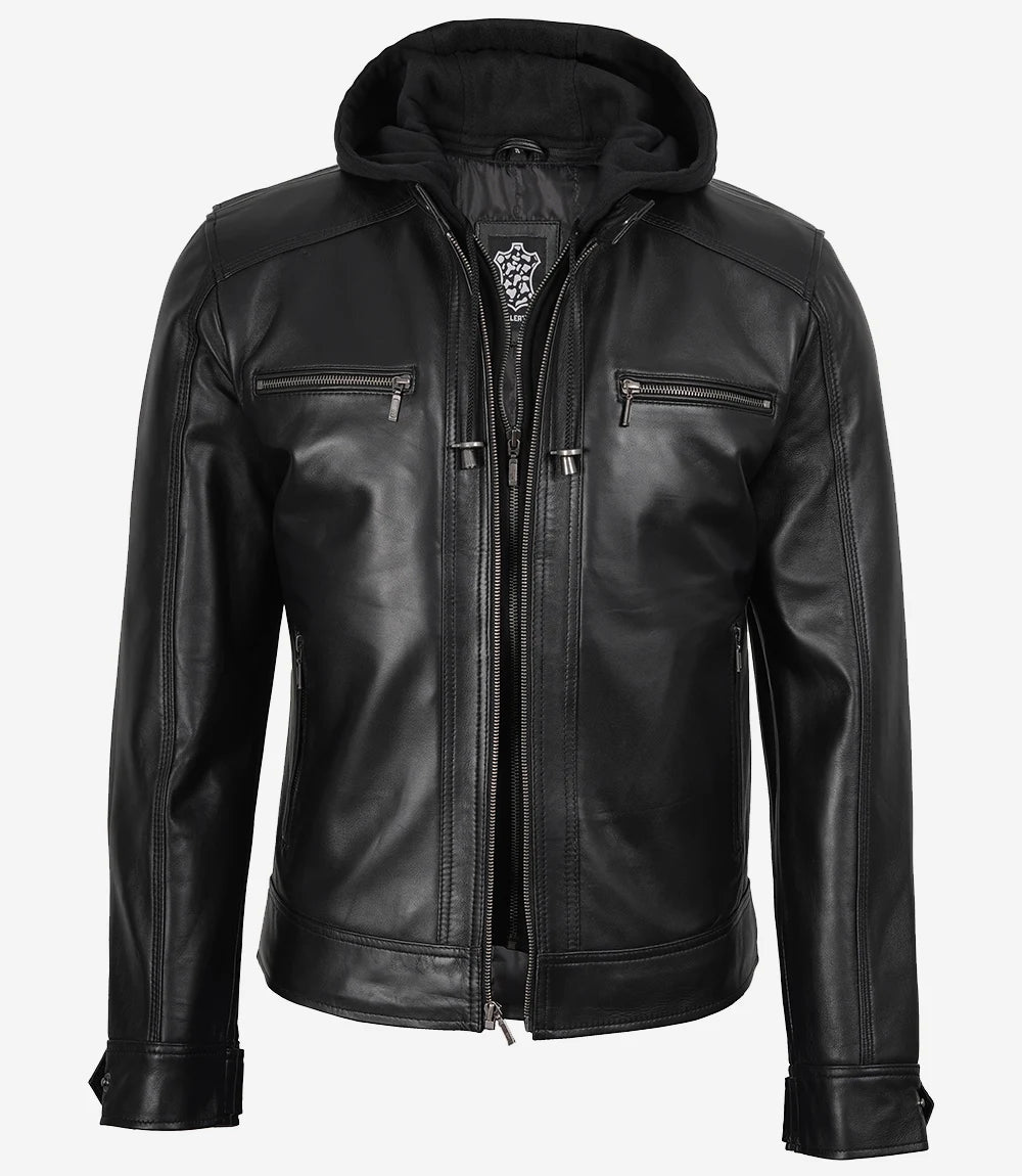Men's Black Leather Jacket with Removable Hood | Lambskin Bomber