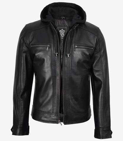 Men's Black Leather Jacket with Removable Hood | Lambskin Bomber