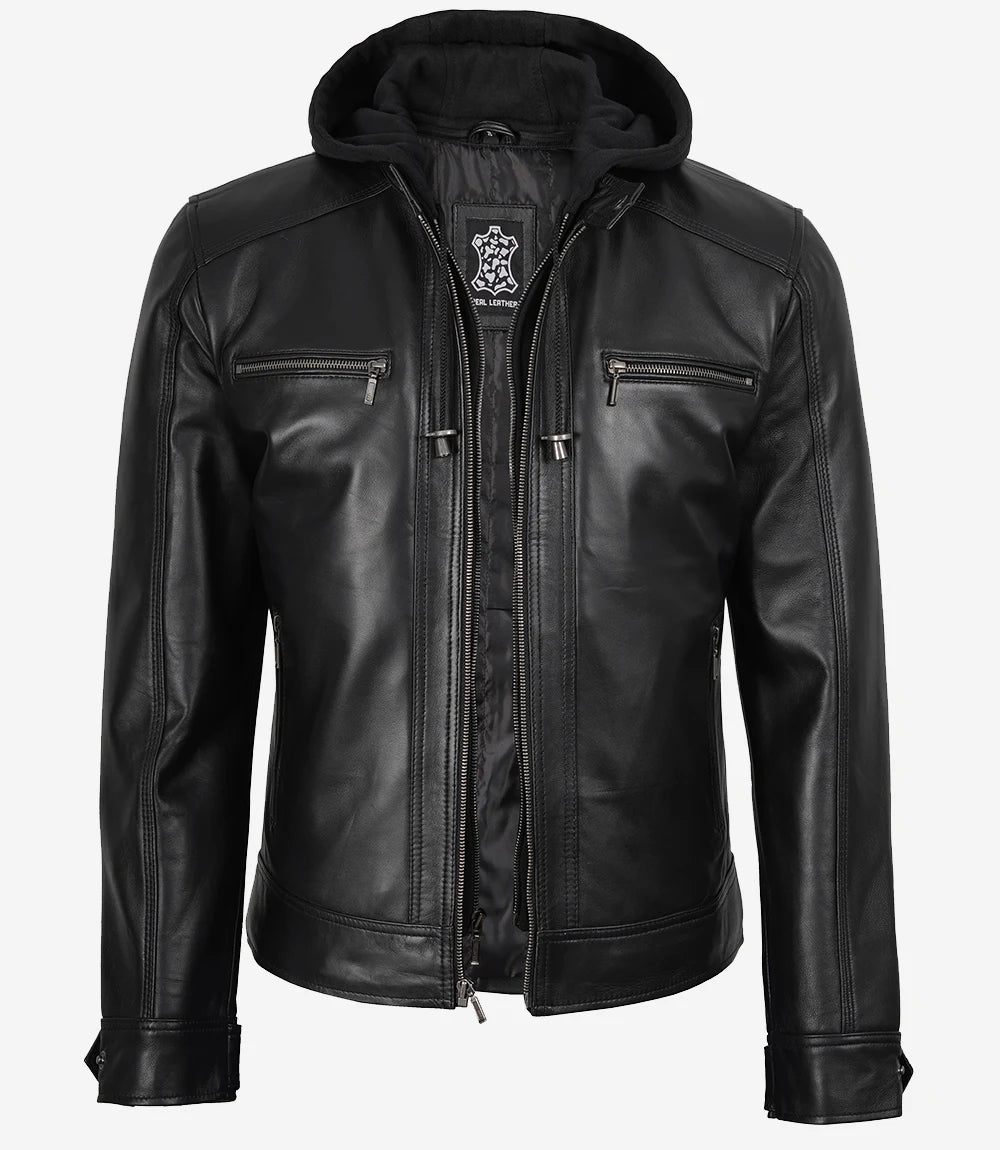 Men's Black Leather Jacket with Removable Hood | Lambskin Bomber
