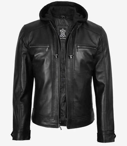 Men's Black Leather Jacket with Removable Hood | Lambskin Bomber
