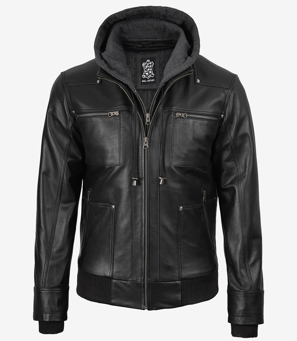 Men's Real Leather Black Bomber Jacket with Removable Hood