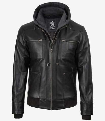 Men's Real Leather Black Bomber Jacket with Removable Hood