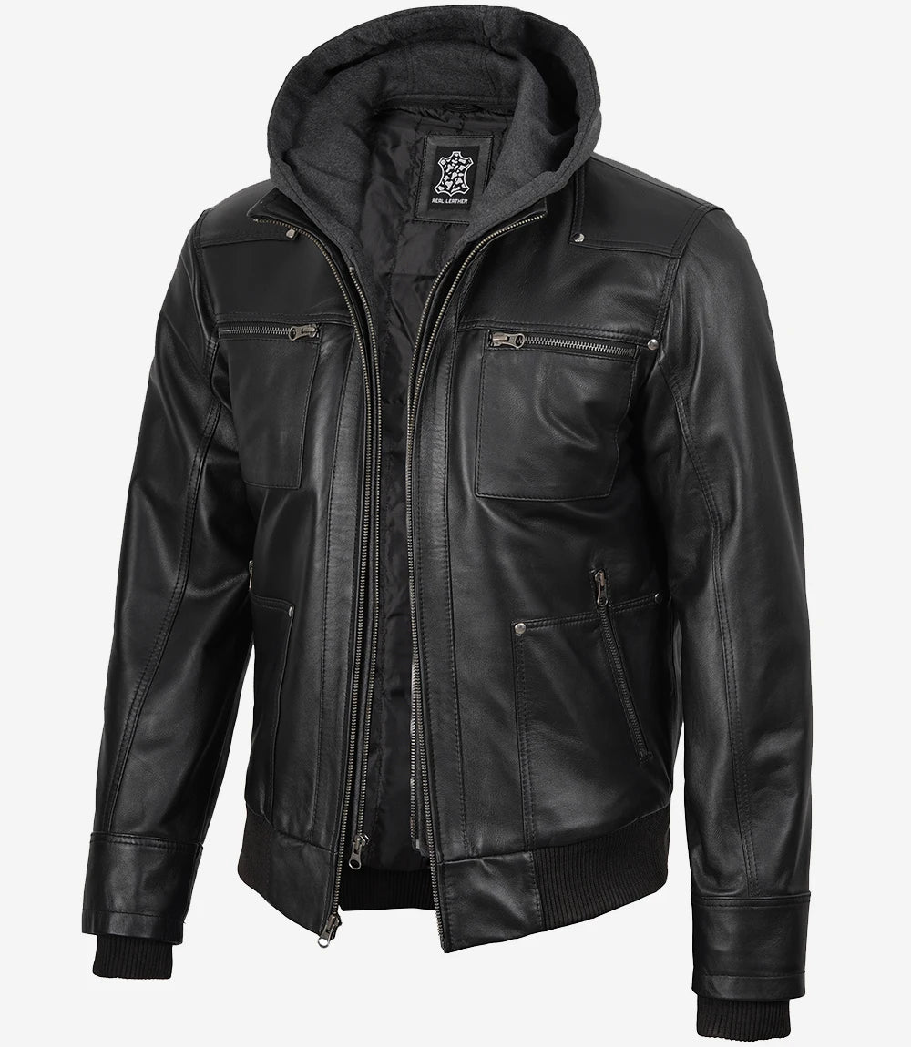 Men's Real Leather Black Bomber Jacket with Removable Hood