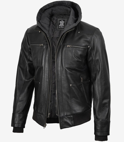 Men's Real Leather Black Bomber Jacket with Removable Hood