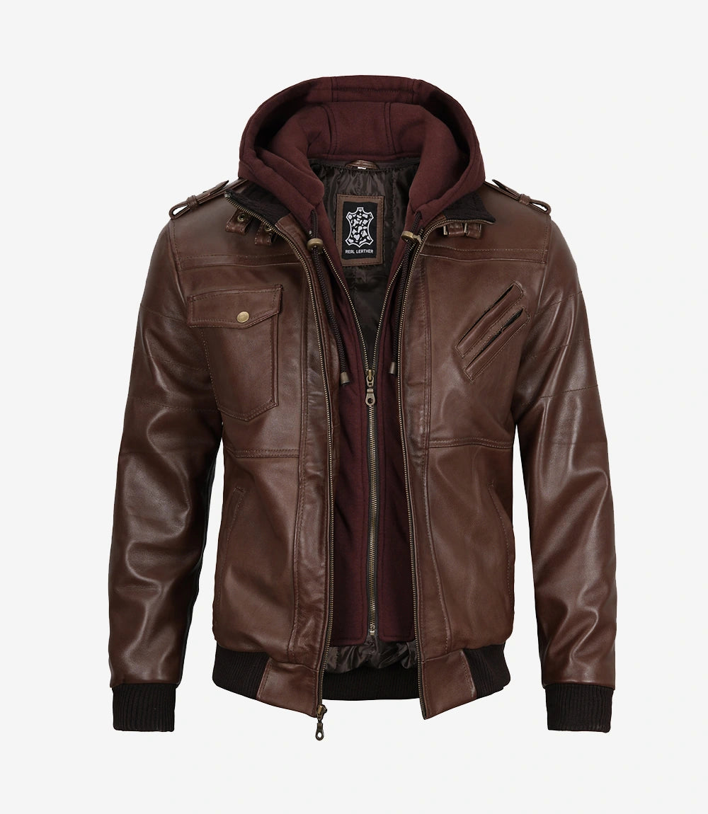 Men's Dark Brown Bomber Leather Jacket with Hood