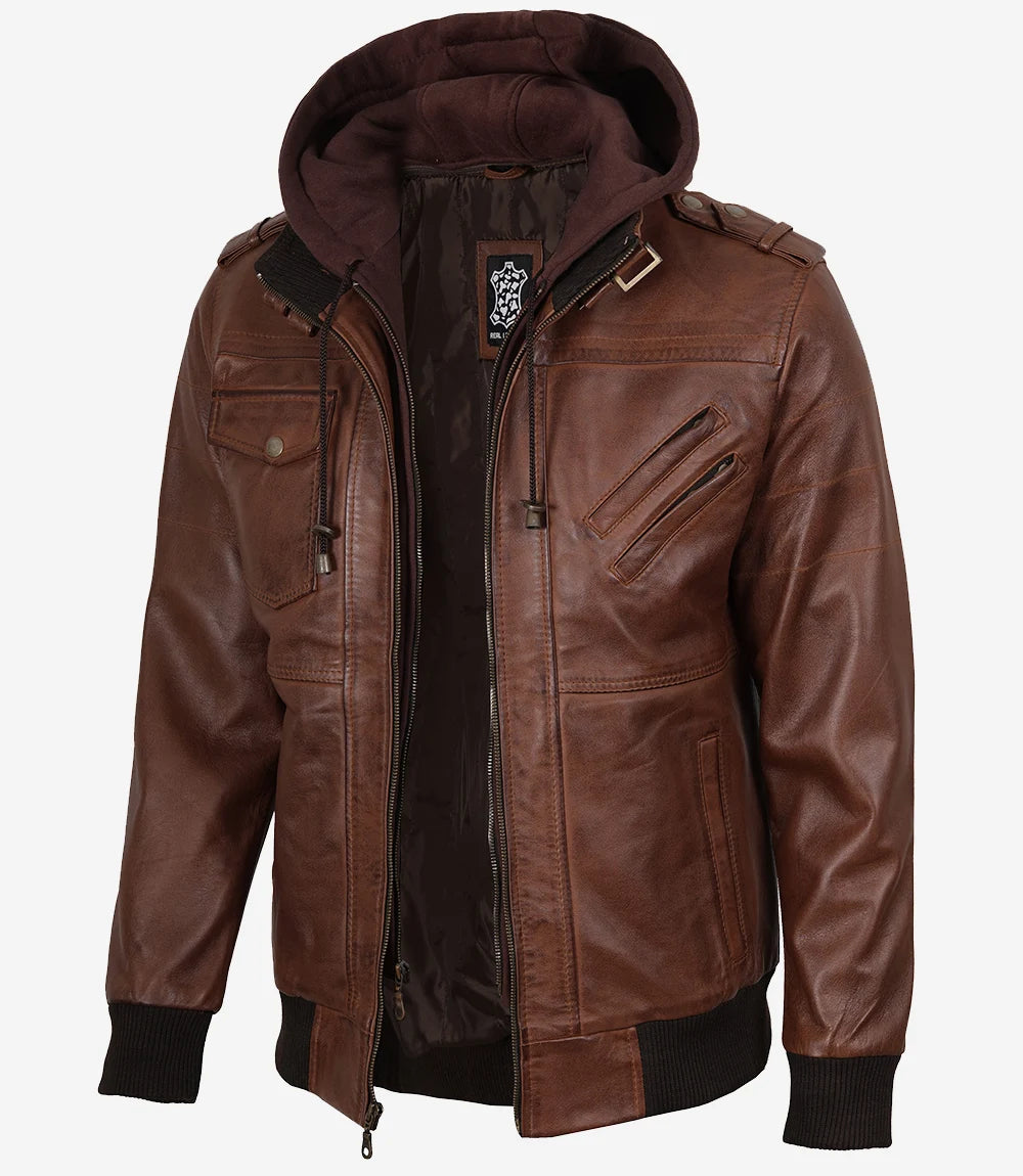 Mens Real Leather Cognac Bomber Jacket With Removable Hood
