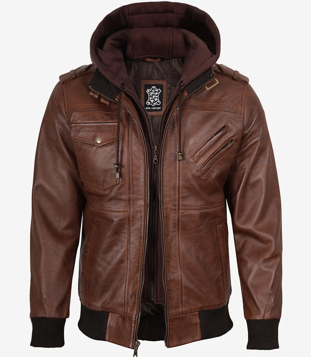 Mens Real Leather Cognac Bomber Jacket With Removable Hood