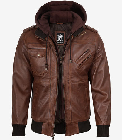 Mens Real Leather Cognac Bomber Jacket With Removable Hood