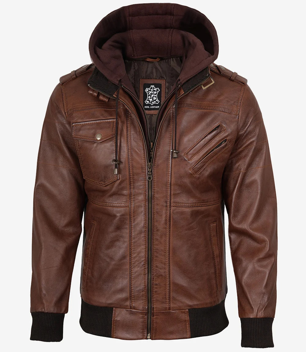 Mens Real Leather Cognac Bomber Jacket With Removable Hood