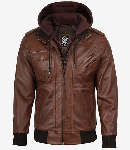 Mens Real Leather Cognac Bomber Jacket With Removable Hood