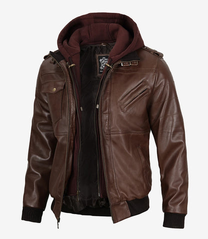 Men's Dark Brown Bomber Leather Jacket with Hood