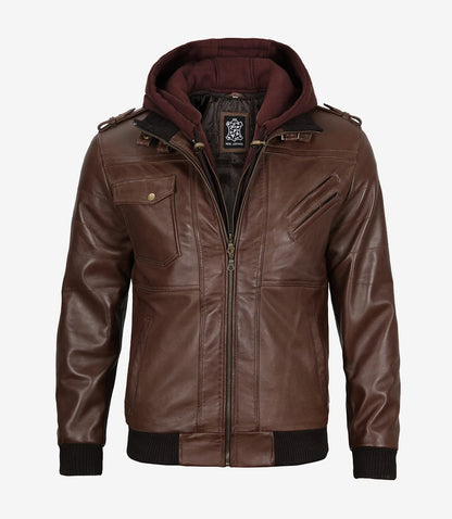 Men's Dark Brown Bomber Leather Jacket with Hood