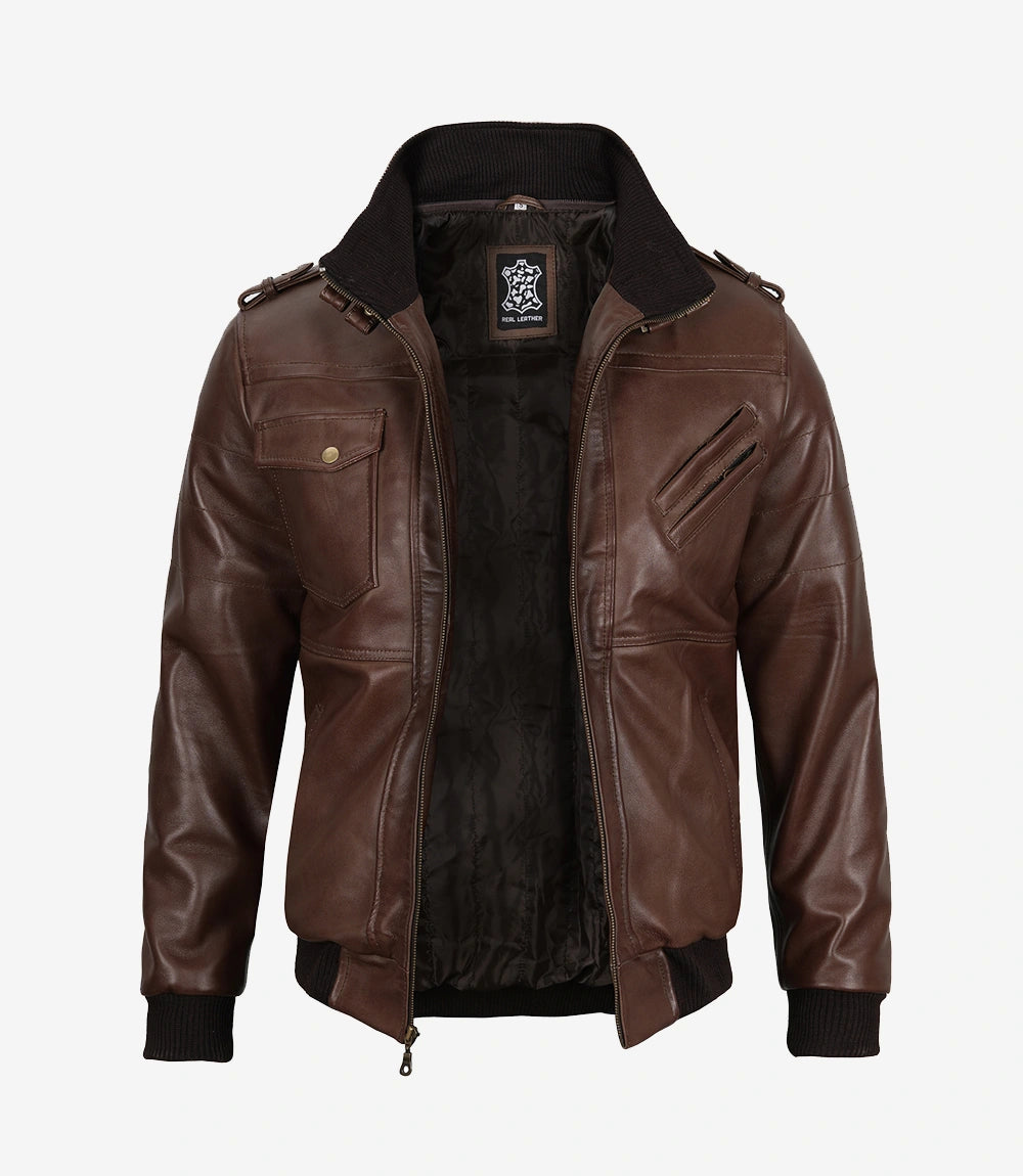 Men's Dark Brown Bomber Leather Jacket with Hood