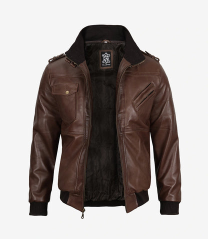 Men's Dark Brown Bomber Leather Jacket with Hood