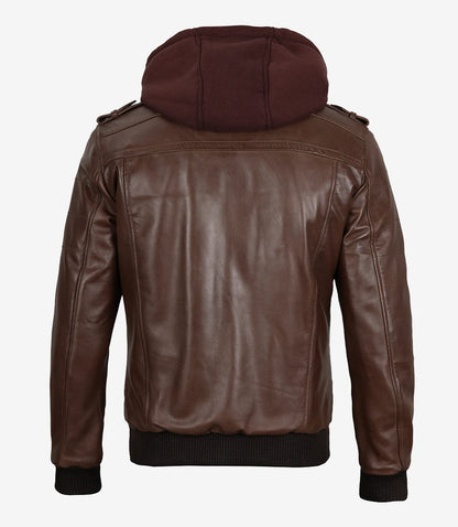 Men's Dark Brown Bomber Leather Jacket with Hood
