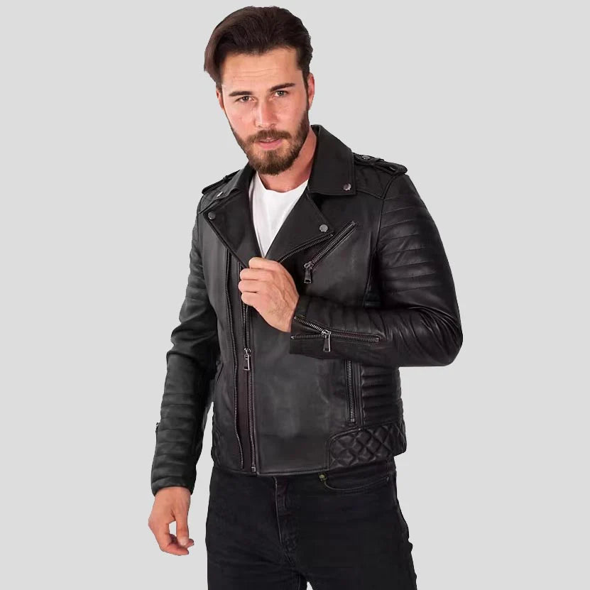 Black Lambskin Slim Fit Biker Jacket for Men