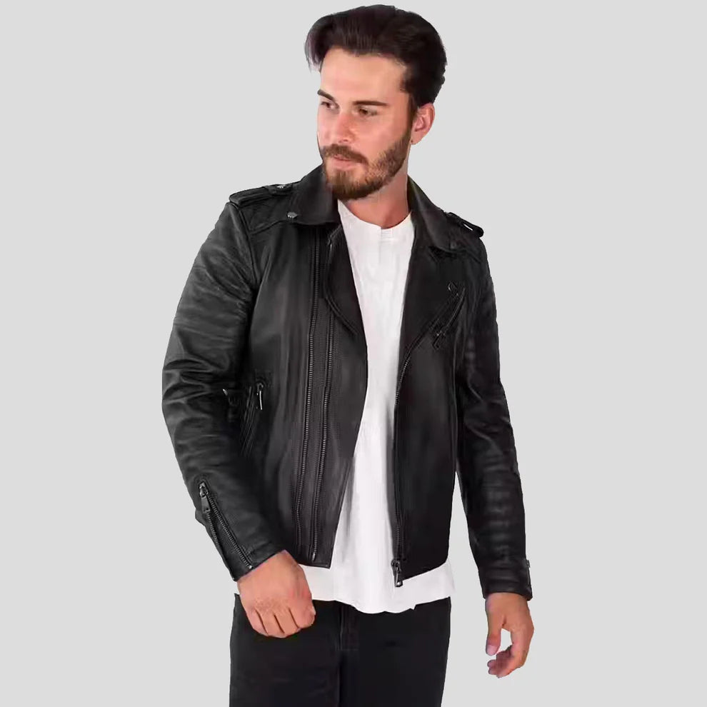 Men’s Black Lambskin Leather Biker Jacket Front View