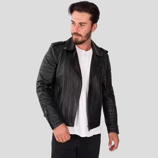 Men’s Black Lambskin Leather Biker Jacket Front View