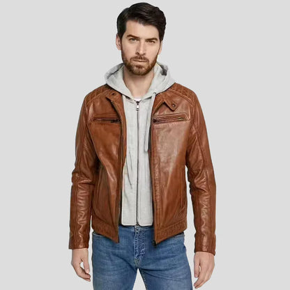 Men’s Brown Hooded Lambskin Leather Jacket Front View
