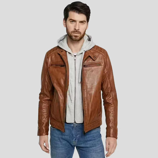 Men’s Brown Hooded Lambskin Leather Jacket Front View