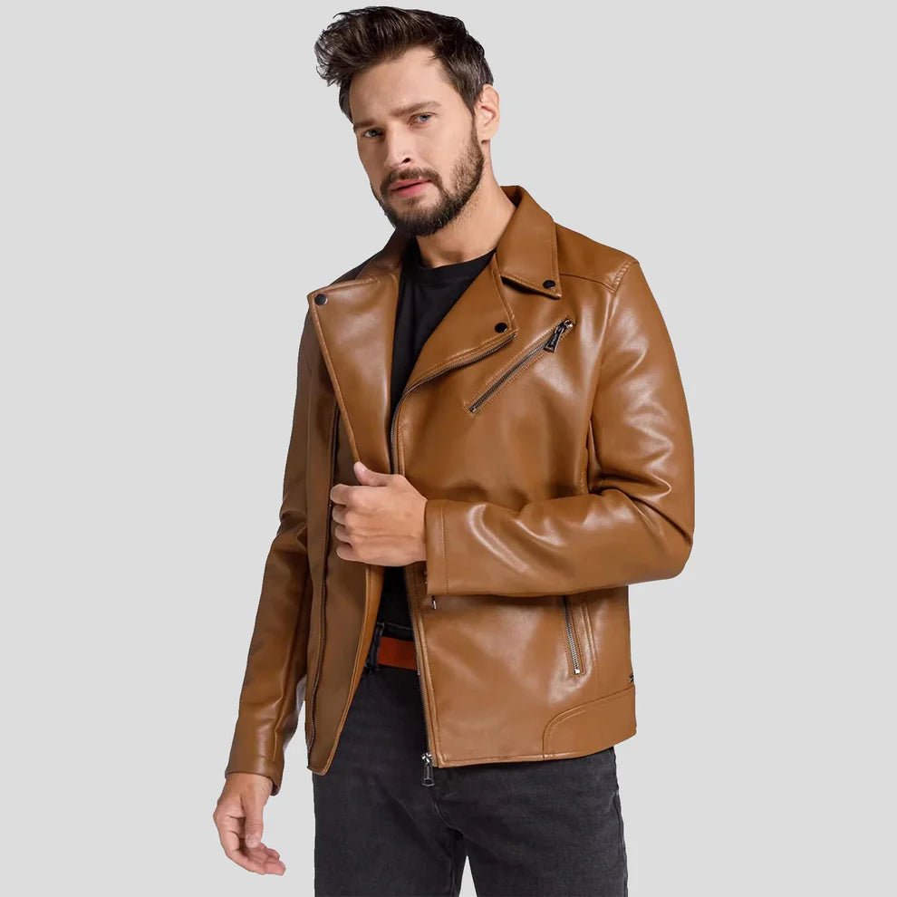 Brown Lambskin Leather Biker Jacket for Men UK