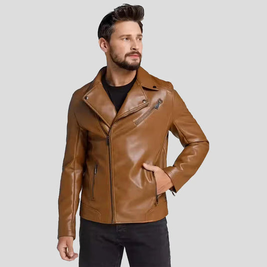 Men’s Brown Perfecto Motorcycle Biker Leather Jacket Front View