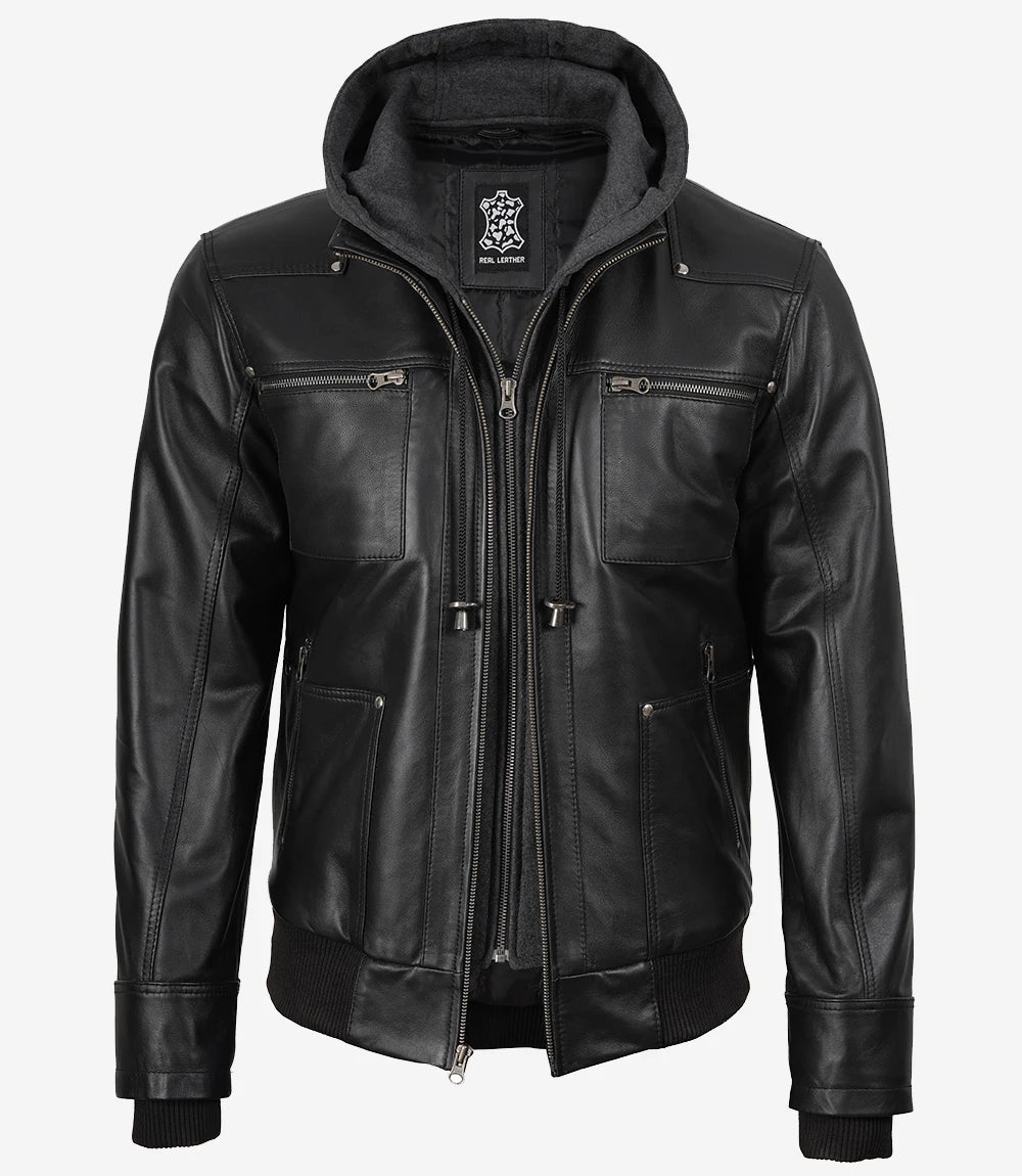 Men's Real Leather Black Bomber Jacket with Removable Hood