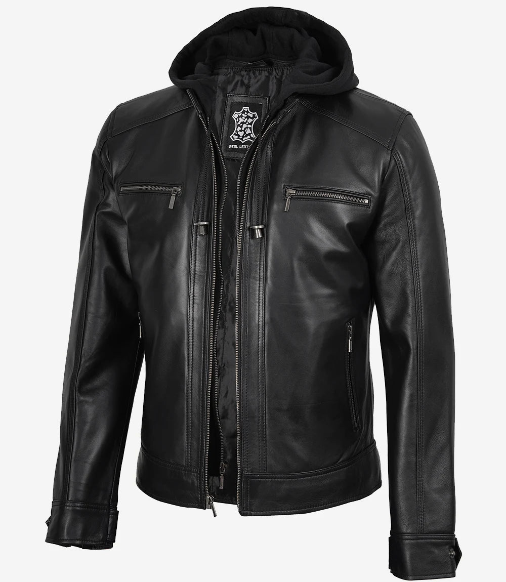 Men's Black Leather Jacket with Removable Hood | Lambskin Bomber