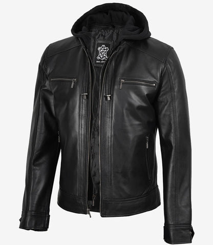 Men's Black Leather Jacket with Removable Hood | Lambskin Bomber