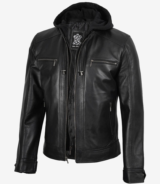 Men's Black Leather Jacket with Removable Hood | Lambskin Bomber