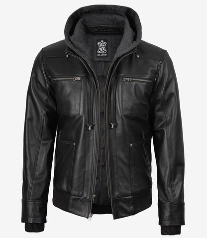 Men's Real Leather Black Bomber Jacket with Removable Hood