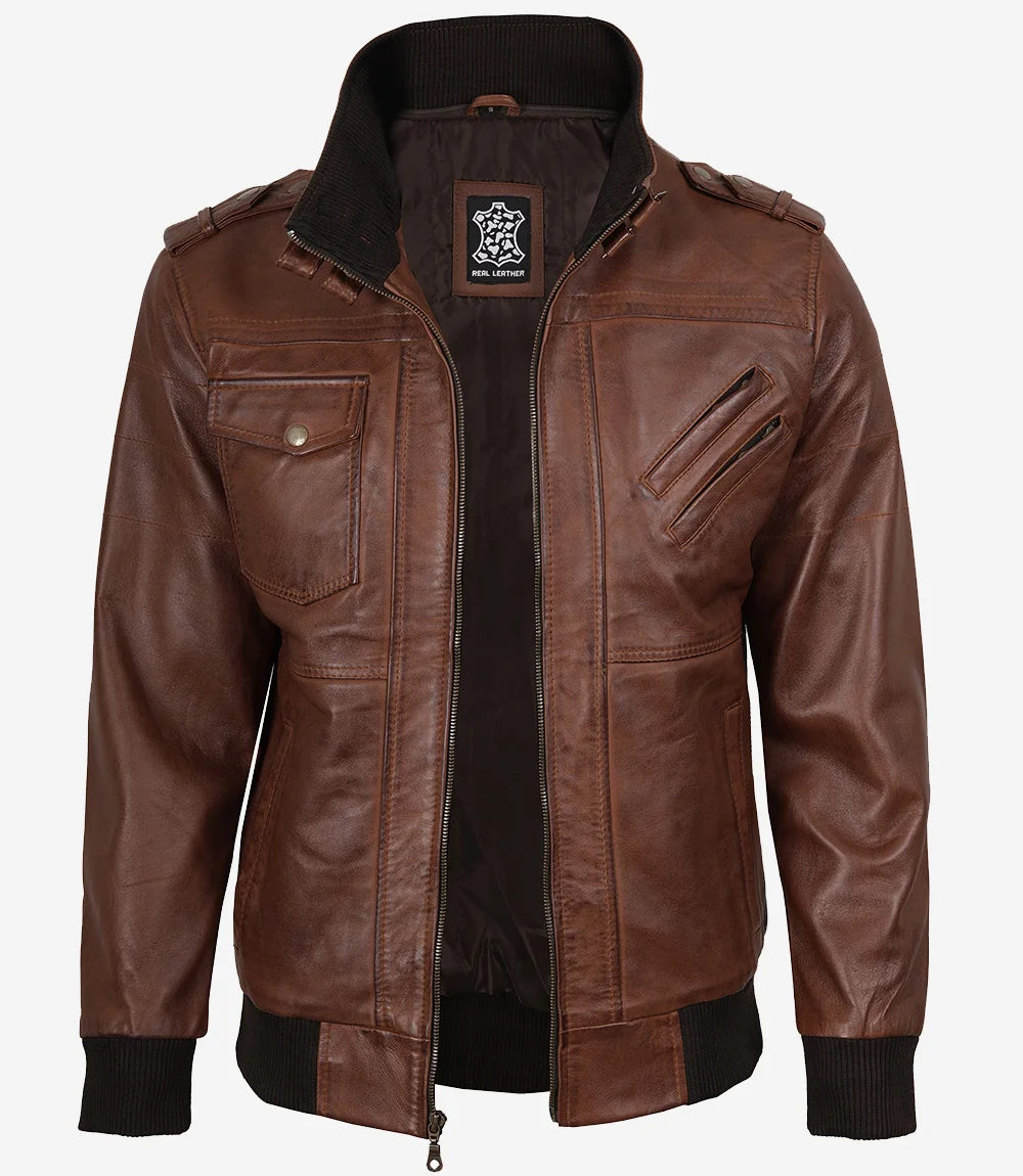 Mens Real Leather Cognac Bomber Jacket With Removable Hood