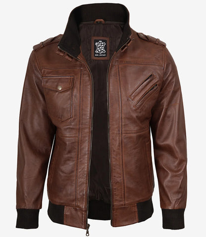 Mens Real Leather Cognac Bomber Jacket With Removable Hood